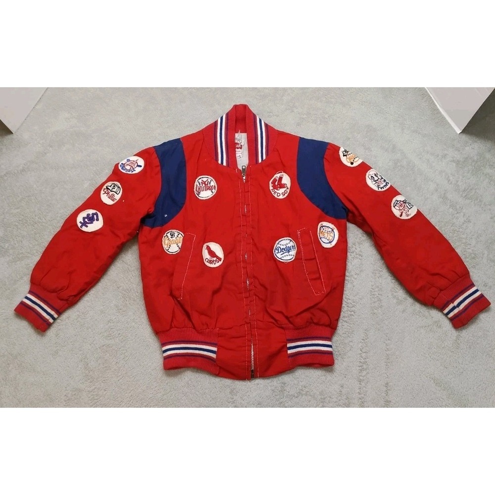 Vtg 1950's Playwear Jacket Youth 8 Red MLB Team Patches Yankees Red Legs Dodgers
